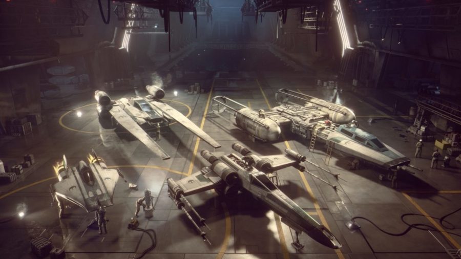 The entire New Republic fleet. There is the X-Wing in the middle, the Y-Wing to the right, the A-Wing on the left, and the U-Wing at the back.
