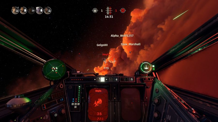 The power management gauge to the left of the control HUD shows shields are at maximum power, while engine and weapons are lower. Three allies are shooting at one enemy nearby.