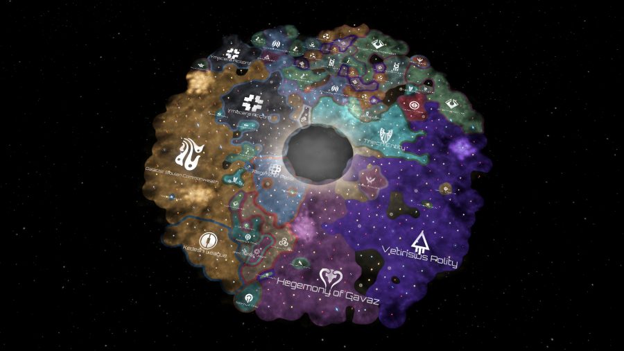 a zoomed out shot of the stellaris galaxy, with different empires and coloured borders