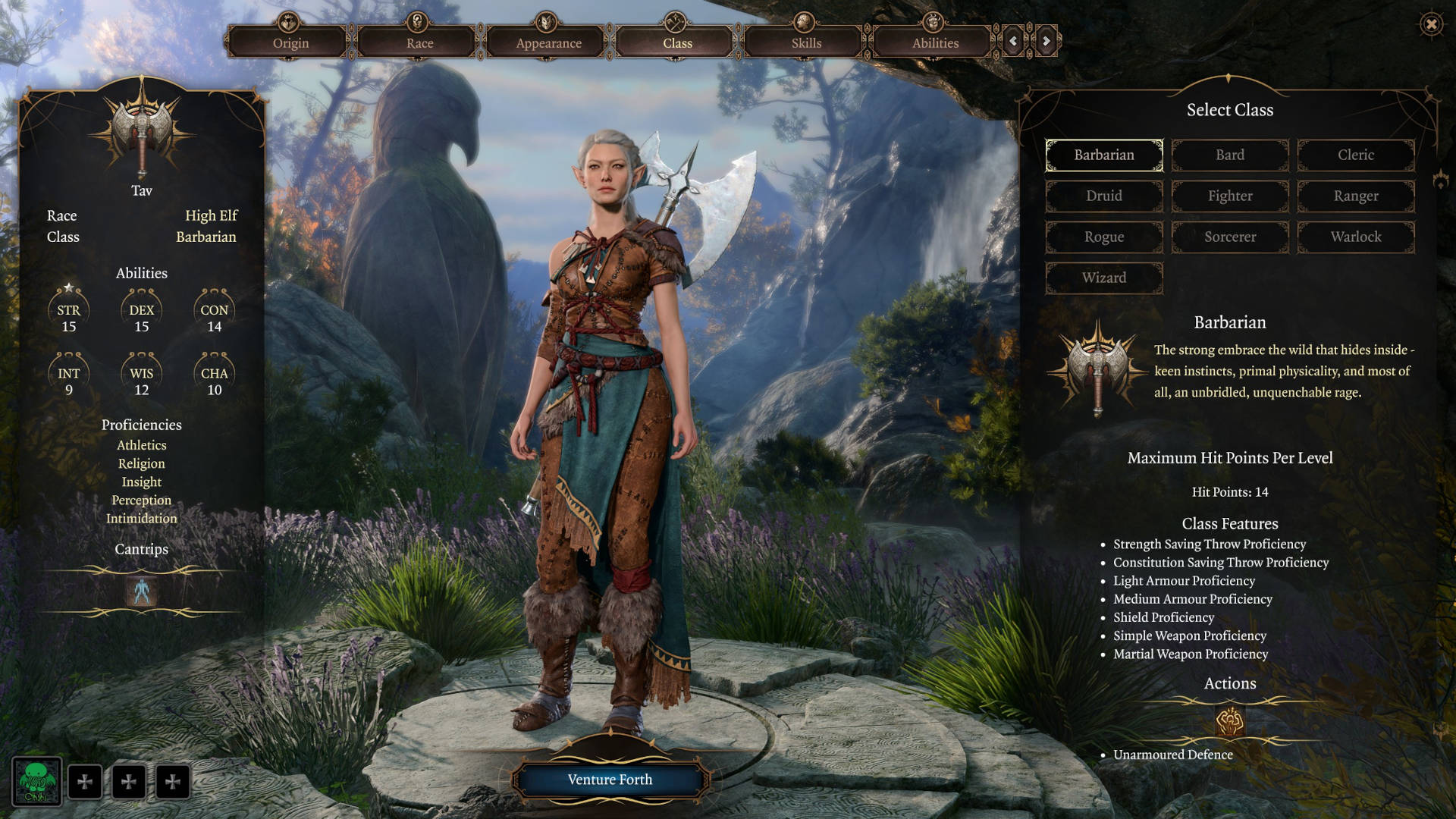 Baldur's Gate 3 classes: a High-Elf Barbarian on the character creation screen.