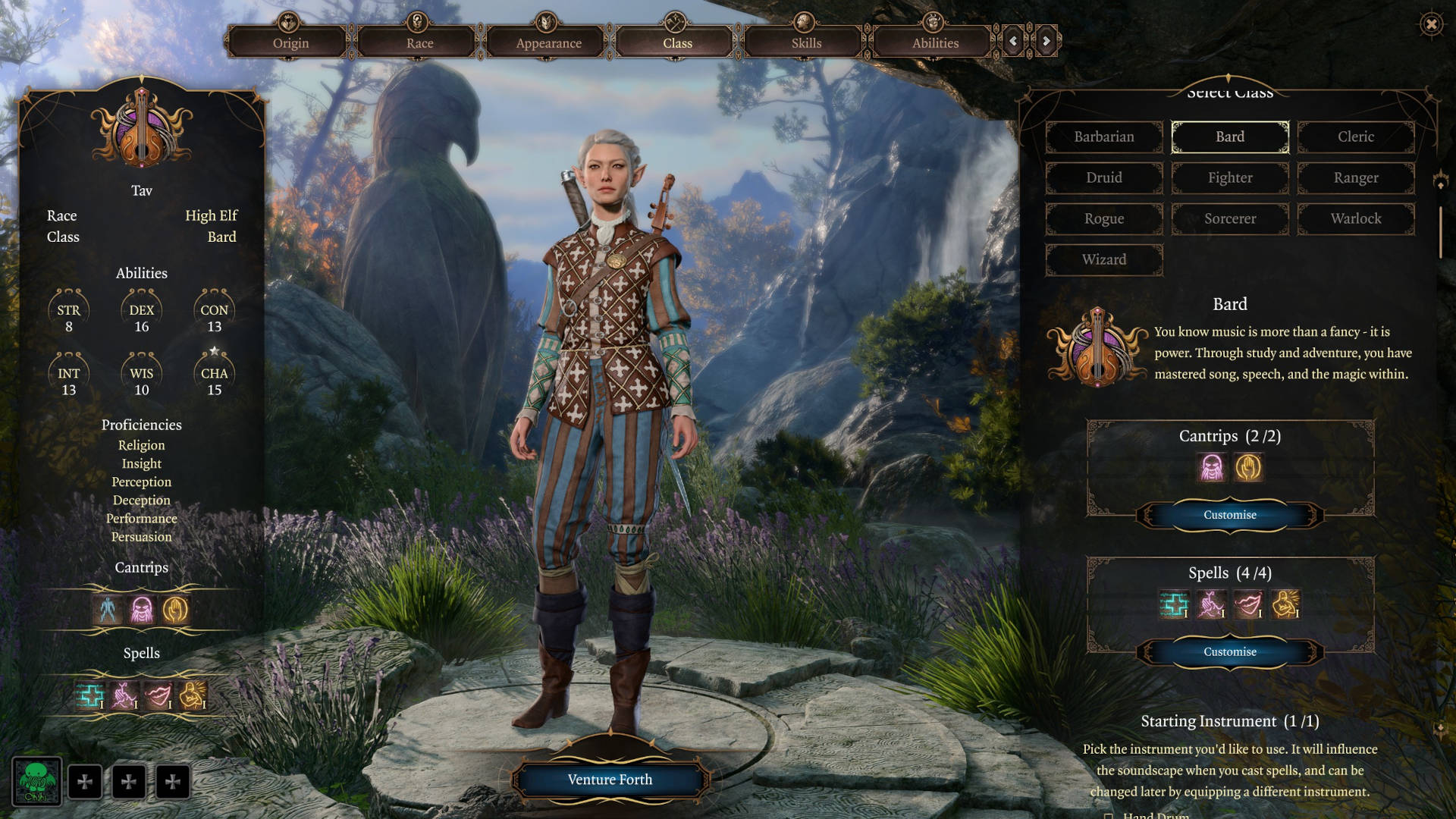 Baldur's Gate 3 classes: a High-Elf Bard on the character creation screen.