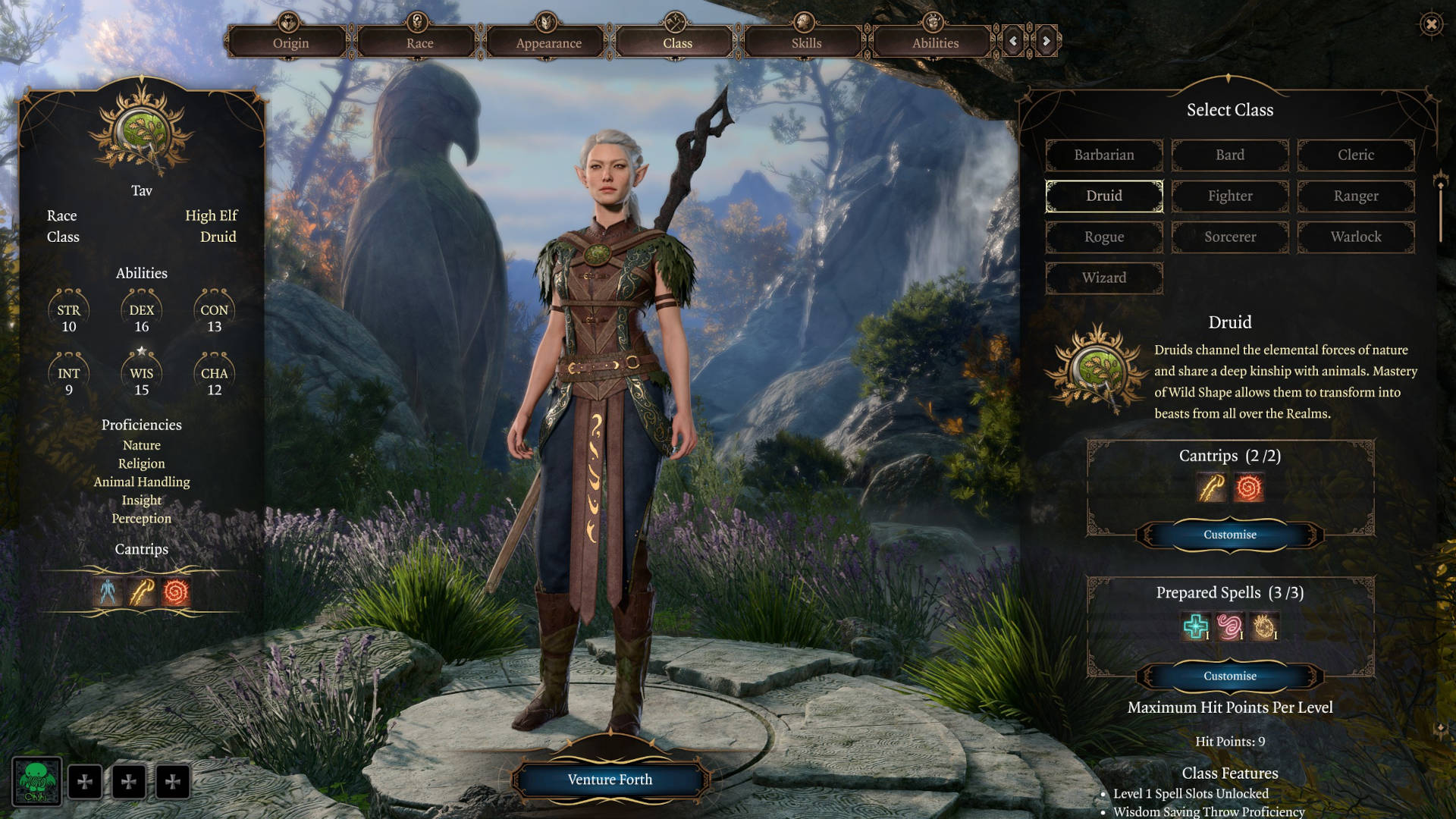 Baldur's Gate 3 classes: a High-Elf Druid on the character creation screen.