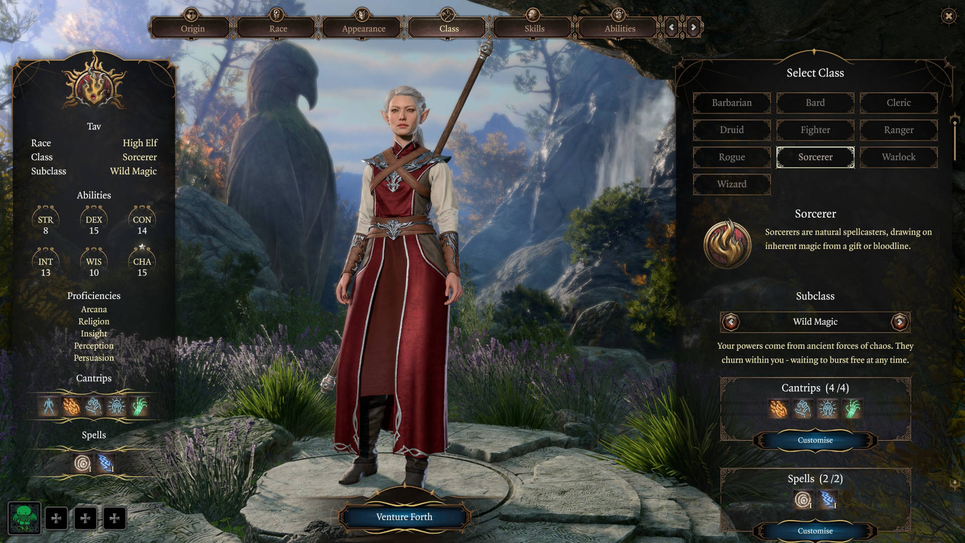 Baldur's Gate 3 classes: a High-Elf Sorcerer on the character creation screen.