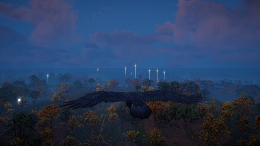 A raven flying over resource checkpoints in Assassin's Creed Valhalla