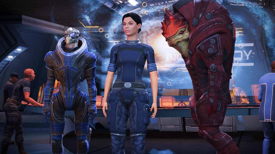 One of the best RPGs is Mass Effect Legendary Edition. Here we see Ashley, Wrex, and Garrus posing in the Normandy.