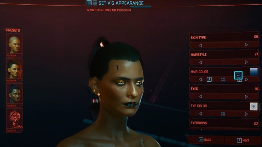 The female character customisation settings for V in Cyberpunk 2077