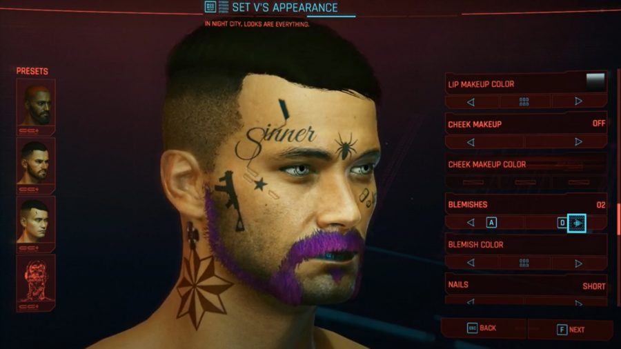 The character customisation window for male V in Cyberpunk 2077