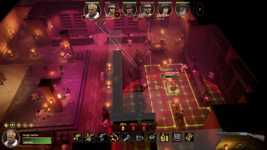 a skirmish inside a bar, showing movement grids and abilities