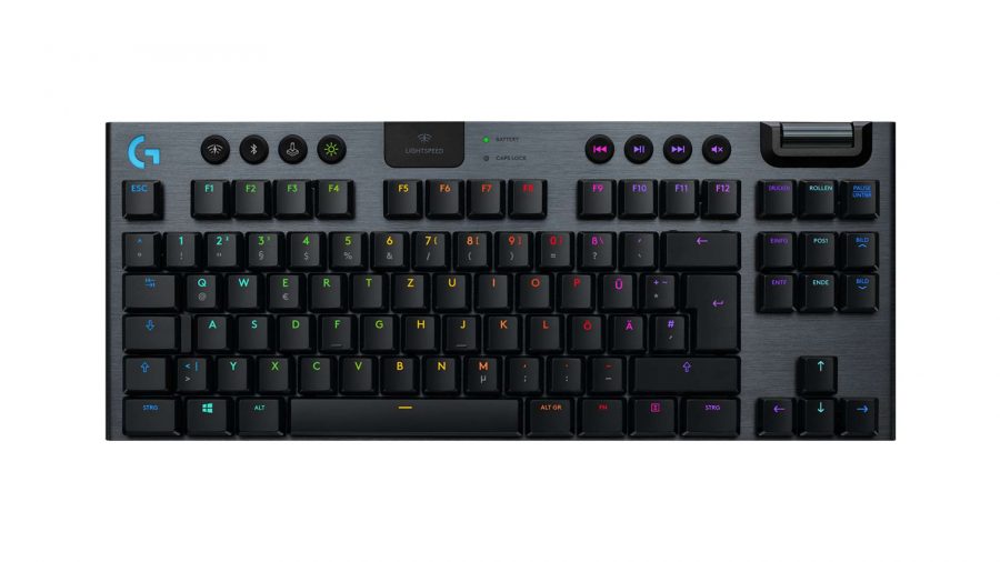 The Logitech G915 TKL is the best wireless TKL gaming keyboard against a white background