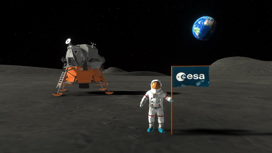 an astronaut plants a flag on the moon