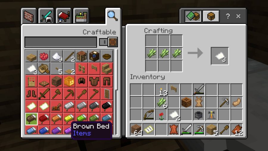 The recipe for creating paper in Minecraft, which is needed to make books. Simply place three sugar canes in a row.