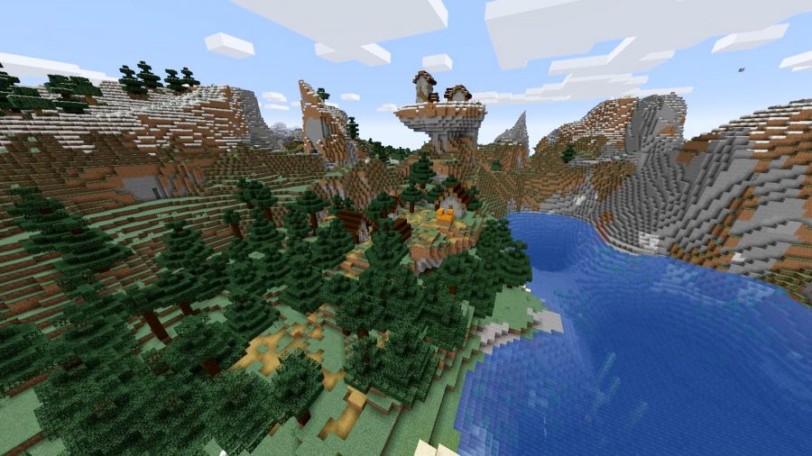 Best Minecraft seeds: a Minecraft village in a taiga biome with a few houses on a snowy mountain plateau