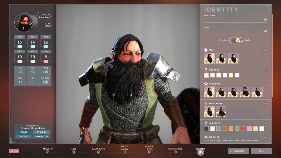the character creation screen in solasta