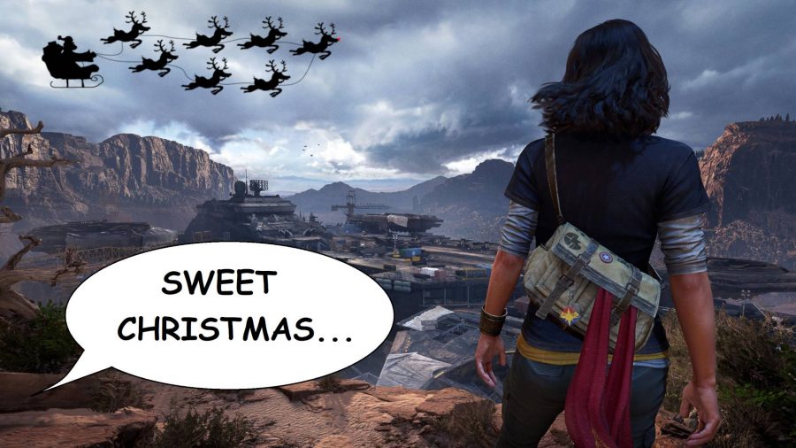 Kamala Khan is standing on a cliff overlooking some kind of hidden base. Santa Claus is riding his reindeer above it, while Luke Cage says his famous catchphrase in the background. His words are surprisingly visible and he's saying "Sweet Christmas..."