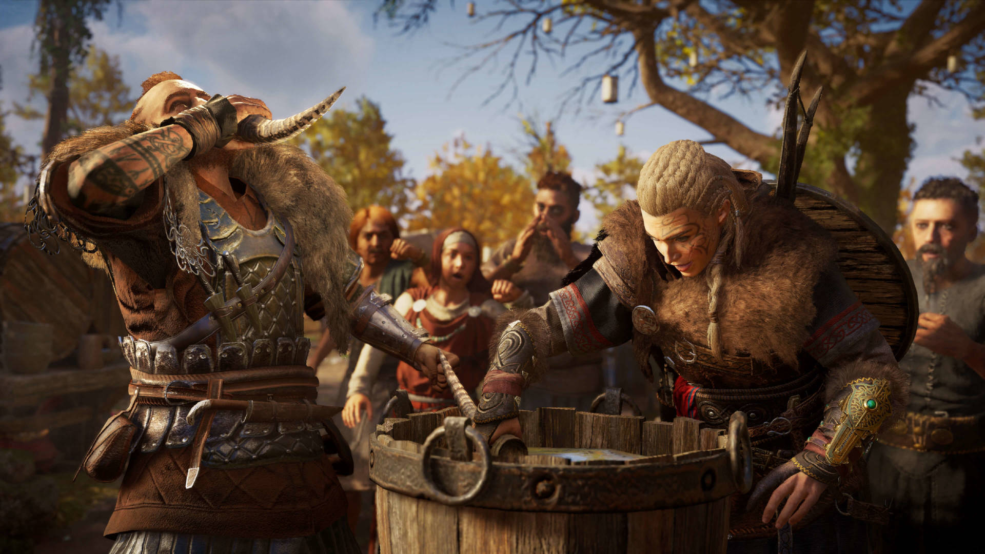 Best open-world games: Eivor having a drinking contest with a friend in Assassin's Creed Valhalla. An audience watches on.