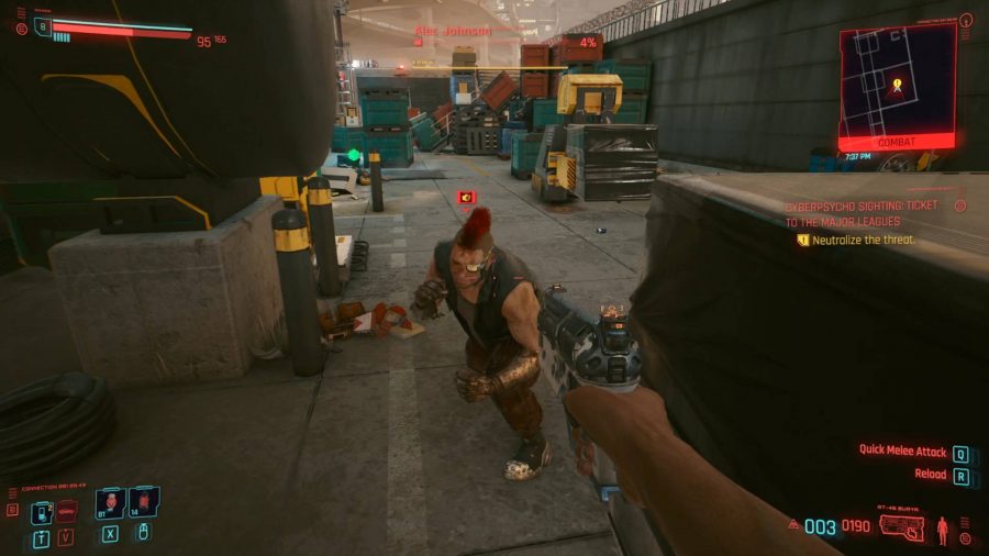 One of the early Cyberpsychos in Cyberpunk 2077. His weapon has burst into flames and he's now resorting to punching with his fists, but stands no chance against the revolver pointed at him.