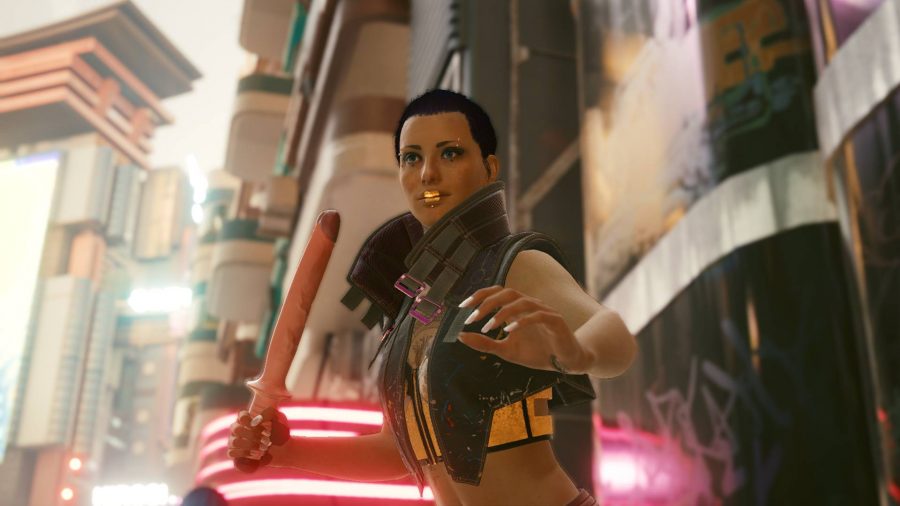 V holding the dildo club iconic weapon in Cyberpunk 2077