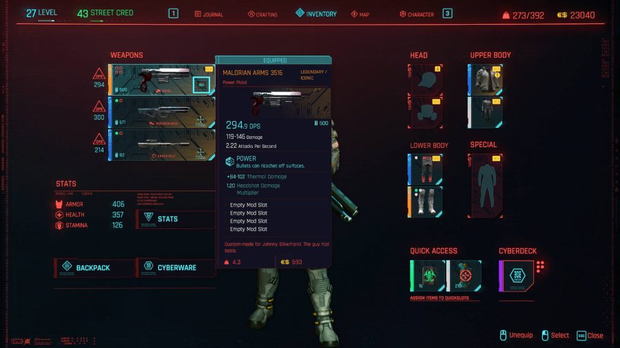 Johnny Silverhand's pistol in Cyberpunk 2077 is the Malorian 3516 pistol. These are its stats in the inventory screen