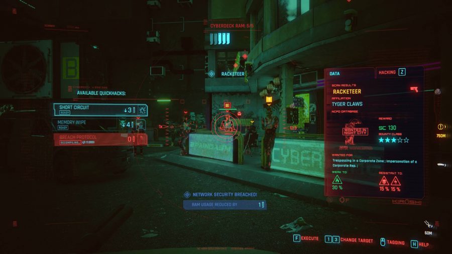 The Cyberpunk 2077 quickhacking screen