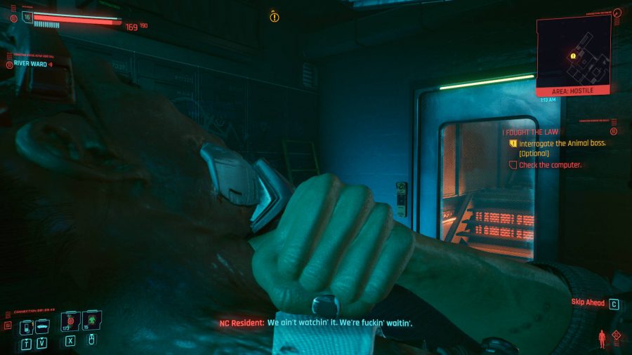 The player is grappling an enemy that they have used stealth to sneak up to in Cyberpunk 2077. They're struggling to get free.