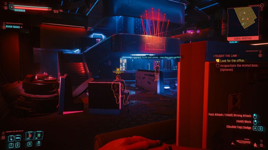 The player is using stealth in Cyberpunk 2077 to sneak around a neon-lit room. Enemies are unaware of their presence.