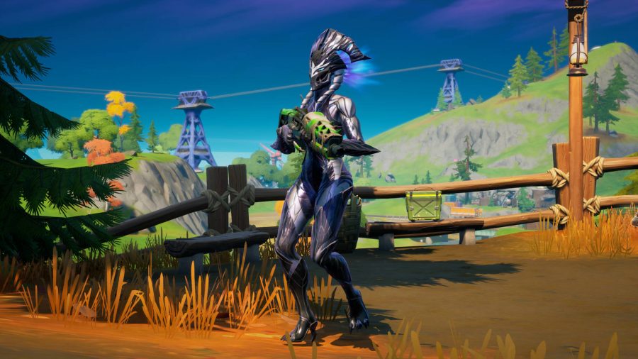 The Spire Guardian boss in Fortnite, holding a weapon