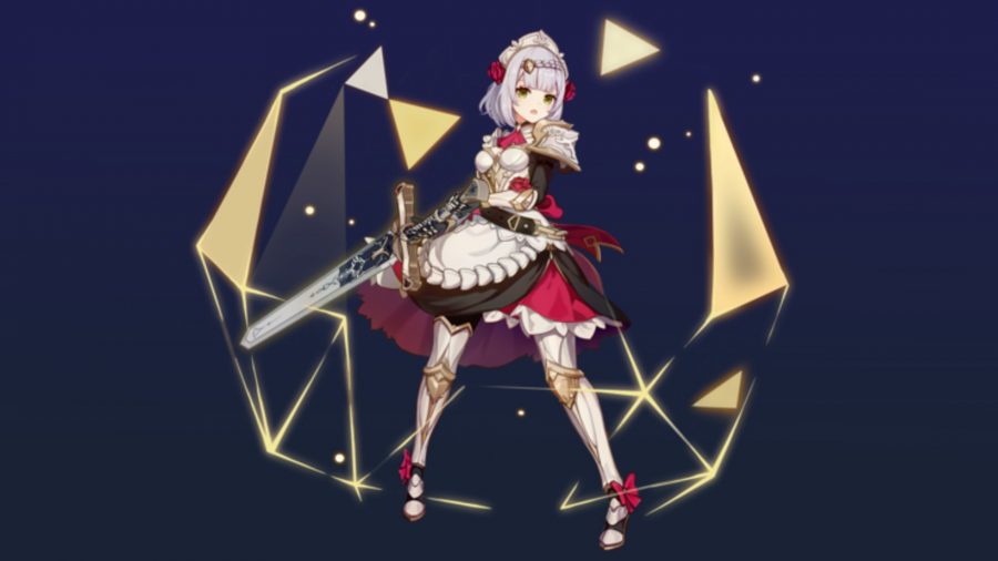 Genshin Impact Noelle holding a claymore, surrounded by golden prisms