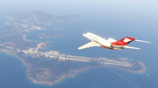 A plane flying over Cayo Perico in GTA