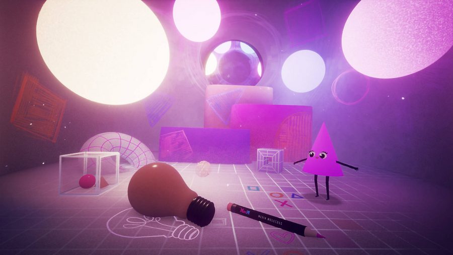A cone with googly eyes is standing and happy to see a lightbulb and a pencil in Dreams, one of the console games we wish were on PC.
