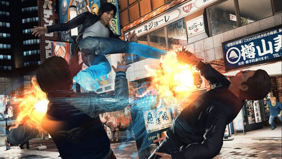 Takayuki Yagami is kicking two Yakuza in the face in Judgment, one of the console games we wish were on PC