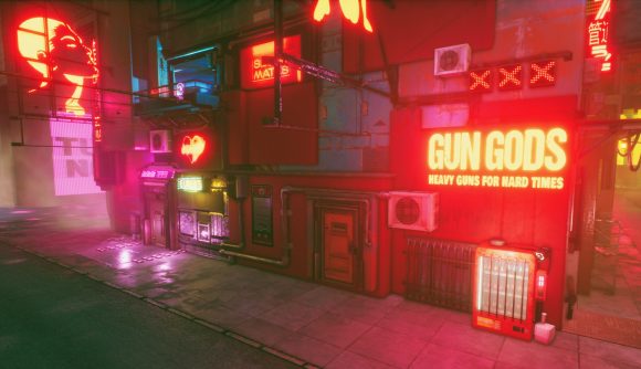 An ammo shop in a neon soaked city in Glitchpunk