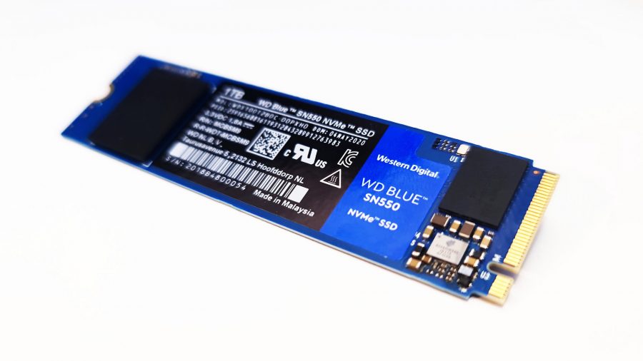 Western Digital's Blue SN550 NVMe SSD is posed against a white background, making the signature colour pop