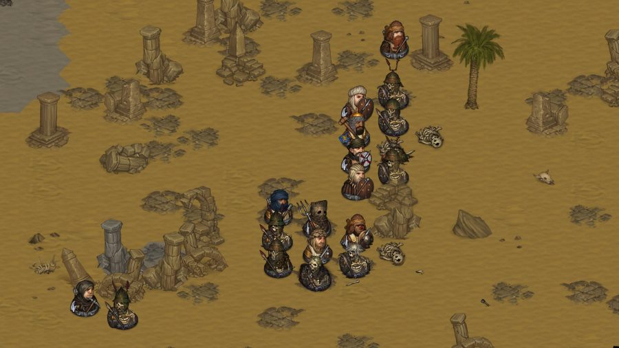 a skirmish amidst sandy ruins between some men and undead soldiers