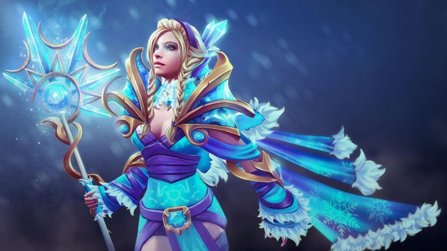 Dota 2 hero Crystal Maiden, wearing blue and gold armor, in front of an icy blue background