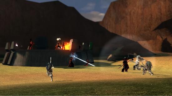 A cast of Dark Souls characters duking it out on Halo's Blood Gulch map