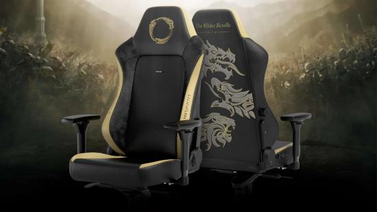 Black and gold-themed noblechairs gaming chair, with the ESO logo on the headrest and a dragon emblem on the rear of the chair