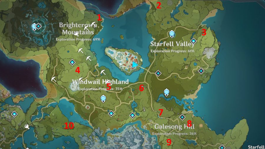 Карта на Mondstadt в Genshin Impact, изброяваща всички светилища на дълбочините на местата