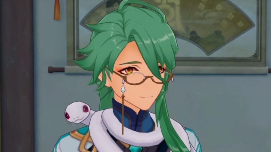 Baizhu, nouveau personnage potentiel de Genshin Impact, portant des lunettes et portant un serpent blanc autour du cou