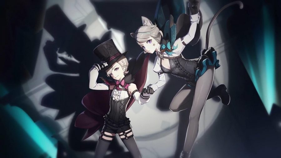 Two Genshin IMpact characters under a spotlight, dressed as magicians