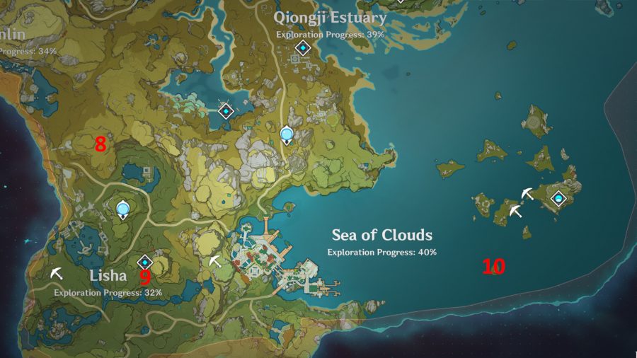 Eine Karte von Liyue in Genshin Impact Auflistung des gesamten Schreins der Tiefenstandorte