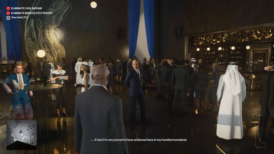 Agent 47 looking through a crowded bar towards a staircase