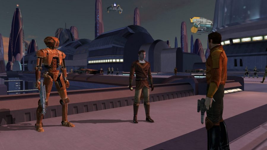 KOTOR 2 player character in conversation with a droid and a mercenary