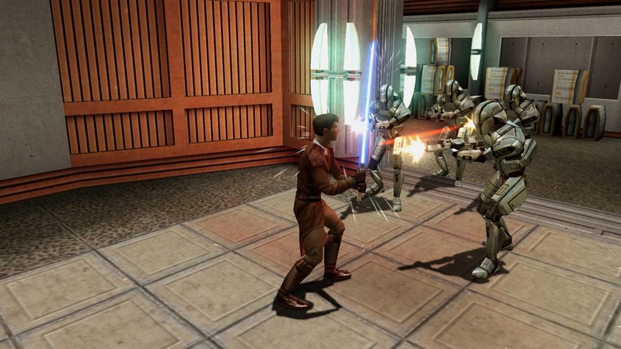 KOTOR 2 player character defending against soldiers with a lightsaber