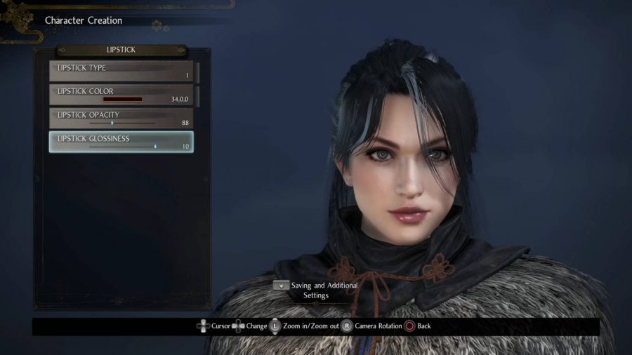 The character creation screen from Nioh 2, taken from the PC version. The are a ton of options for character creation, including different types of lip glossiness.