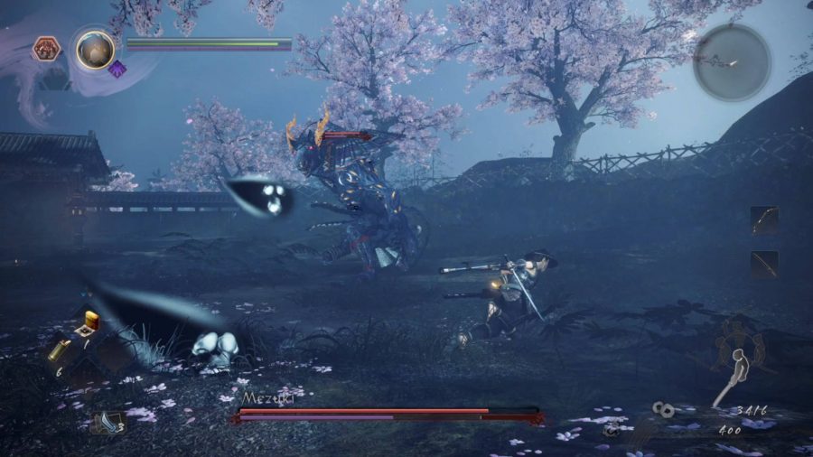 The protagonist is fleeing the projectiles that the first boss of Nioh 2 - Mezuki - has hurled out. Mezuki is a giant horse yokai with a big scythe.