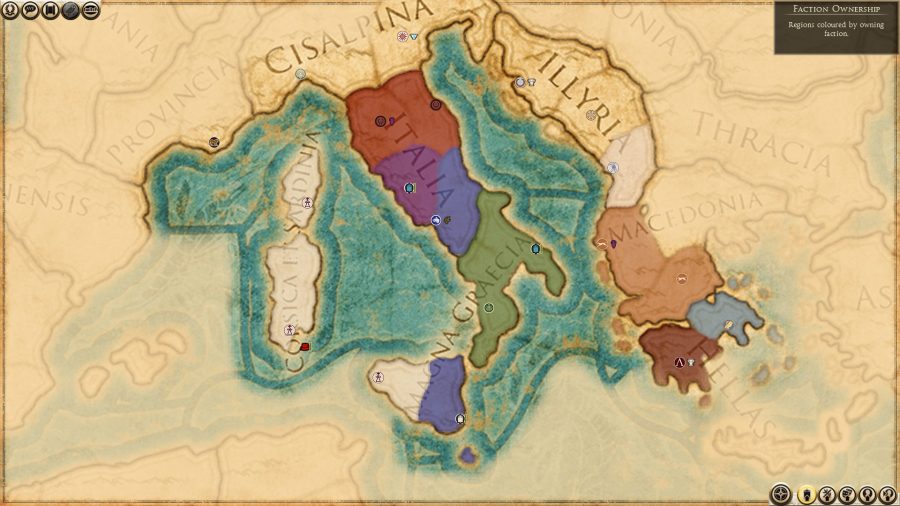 O mapa da campanha em Roma 2 usando o mod de casas romanas