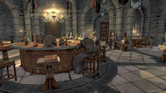 College of Winterhold's Hall of Acumen, in which some Skyrim NPCs are eating dinner and chatting with drinks