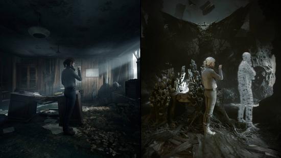 An office in dual-reality with one half decaying and the other realistic