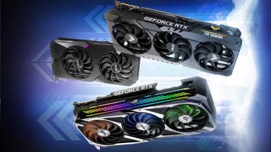 Three Nvidia RTX 3080 graphics cards float in the air from Asus's ROG and TUF ranges