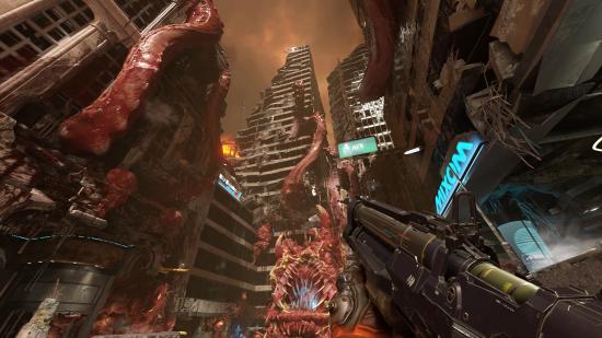 Looking at an Earth city covered in gore in Doom Eternal